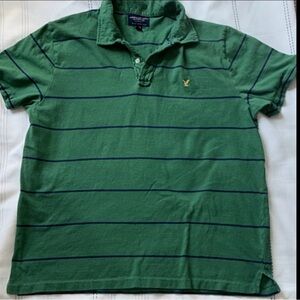 American Eagle Outfitters Green Polo with Navy Stripes and Yellow Logo Detail